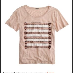 J.Crew Linen Tee Embroidered Tassel Top Boho Short Sleeve Pink Size Small
